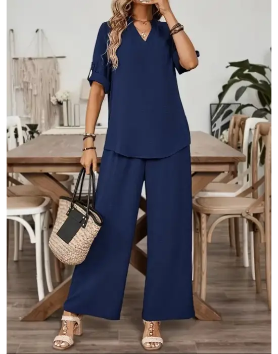 Kadın Kısa Kollu V Yakalı Aerobin Bluz Ve Pantolon Ikili Takım
