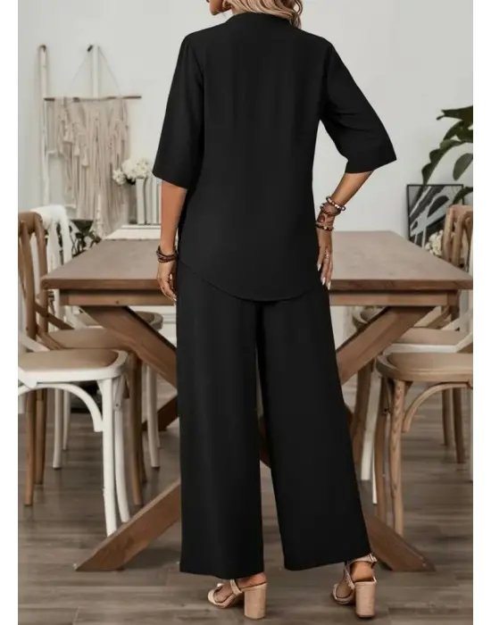 Kadın Kısa Kollu V Yakalı Aerobin Bluz Ve Pantolon Ikili Takım