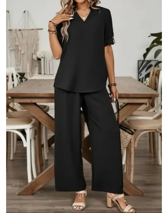 Kadın Kısa Kollu V Yakalı Aerobin Bluz Ve Pantolon Ikili Takım