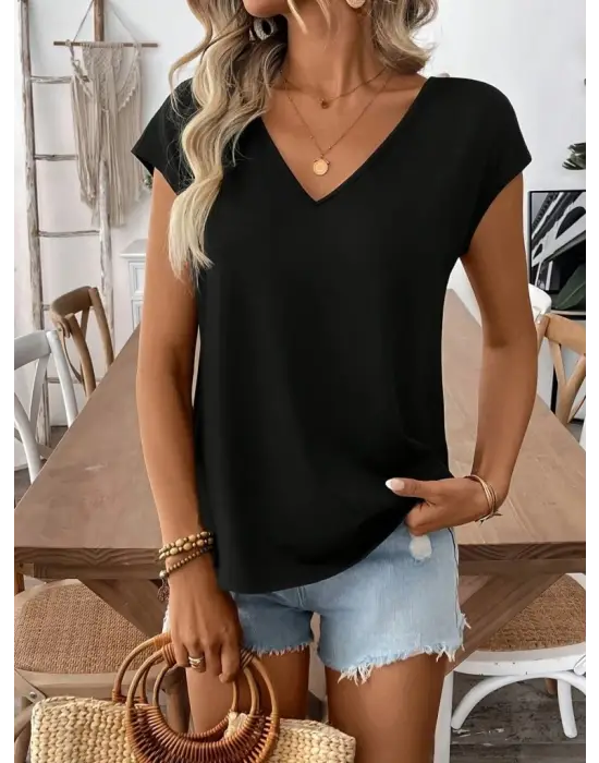 Kadın Kısa Kollu V Yakalı Arkadan Kurdele Detaylı Viskon Bluz