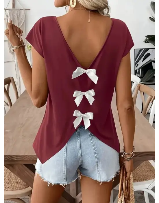 Omarı Şık V Yakalı Arkadan Kurdele Detaylı Kadın Bluzu