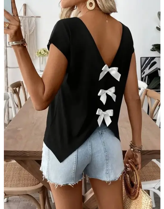 Kadın Kısa Kollu V Yakalı Arkadan Kurdele Detaylı Viskon Bluz
