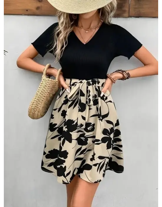 Kadın Kısa Kollu V Yakalı Belden Kuşaklı çiçek Desenli üst Viskon Alt Süprem Elbise