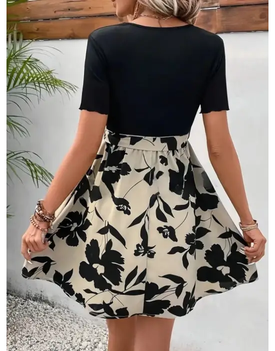 Kadın Kısa Kollu V Yakalı Belden Kuşaklı çiçek Desenli üst Viskon Alt Süprem Elbise