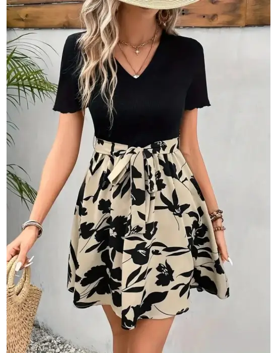 Kadın Kısa Kollu V Yakalı Belden Kuşaklı çiçek Desenli üst Viskon Alt Süprem Elbise