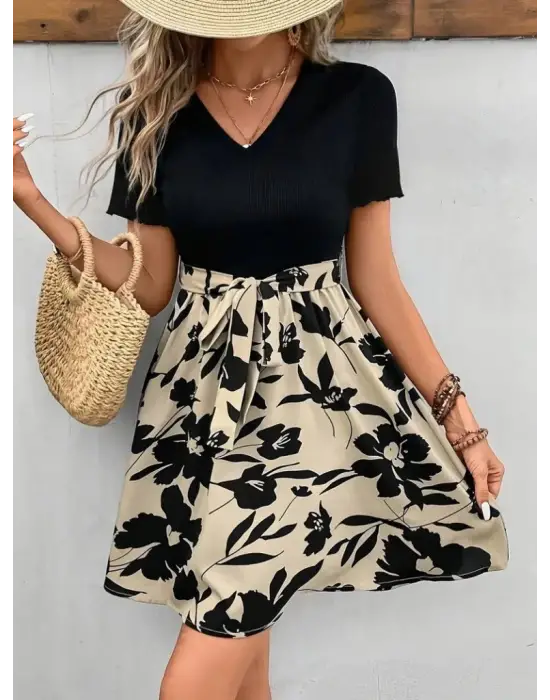 Kadın Kısa Kollu V Yakalı Belden Kuşaklı çiçek Desenli üst Viskon Alt Süprem Elbise