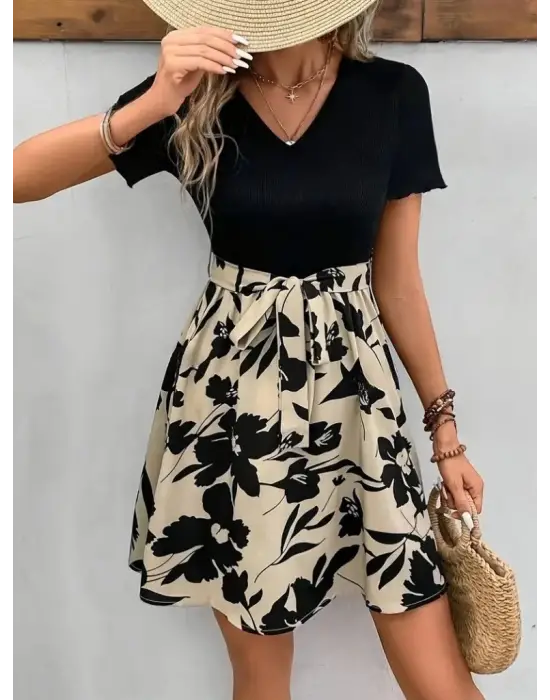 Kadın Kısa Kollu V Yakalı Belden Kuşaklı çiçek Desenli üst Viskon Alt Süprem Elbise