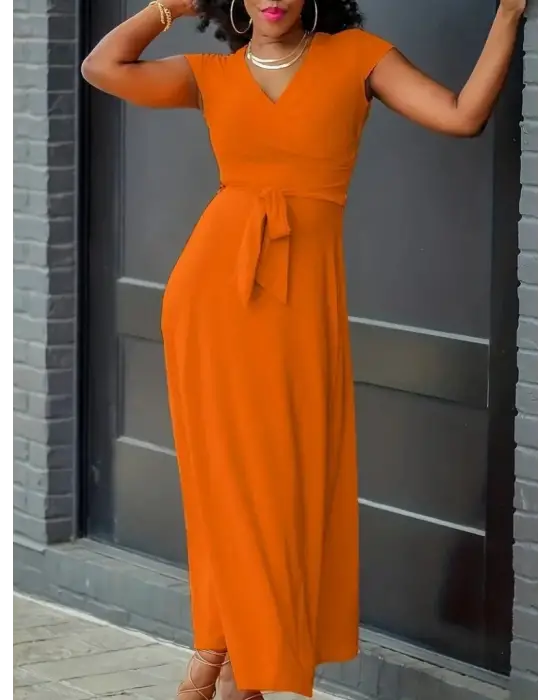 Kadın Kısa Kollu V Yakalı Belden Kuşaklı Maksi Boy Viskon Elbise