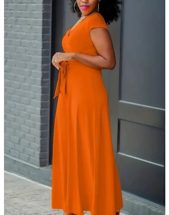 Kadın Kısa Kollu V Yakalı Belden Kuşaklı Maksi Boy Viskon Elbise