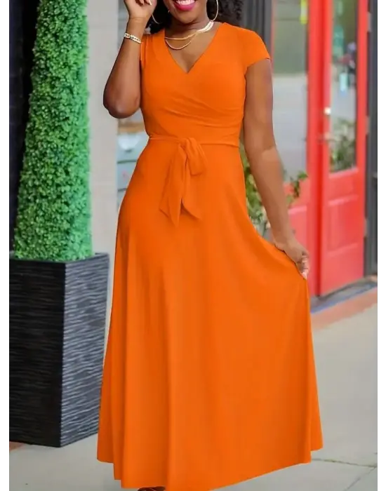 Kadın Kısa Kollu V Yakalı Belden Kuşaklı Maksi Boy Viskon Elbise