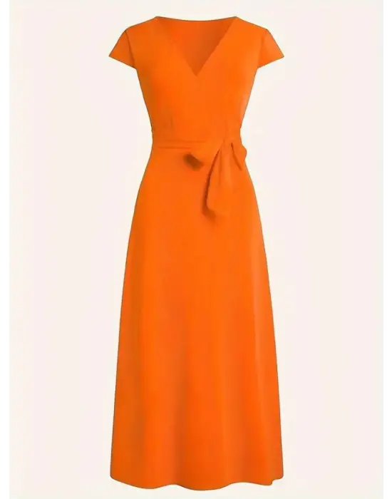 Kadın Kısa Kollu V Yakalı Belden Kuşaklı Maksi Boy Viskon Elbise