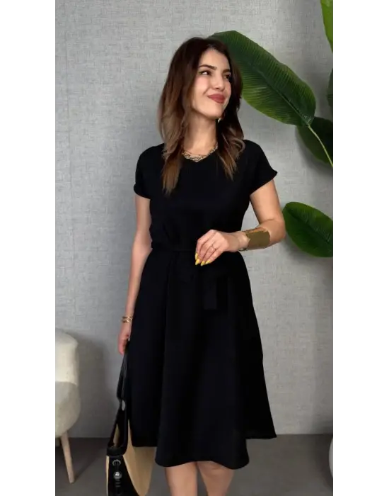 Kadın Kısa Kollu V Yakalı Beli Kuşaklı Ithal Keten Elbise