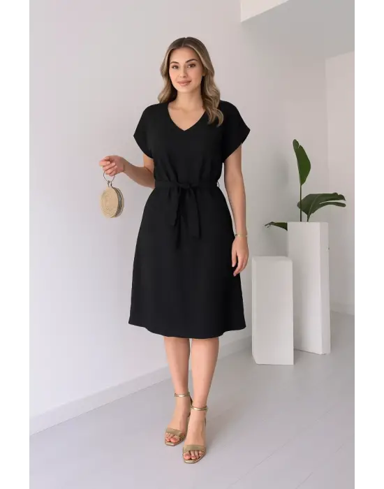 Kadın Kısa Kollu V Yakalı Beli Kuşaklı Ithal Keten Elbise