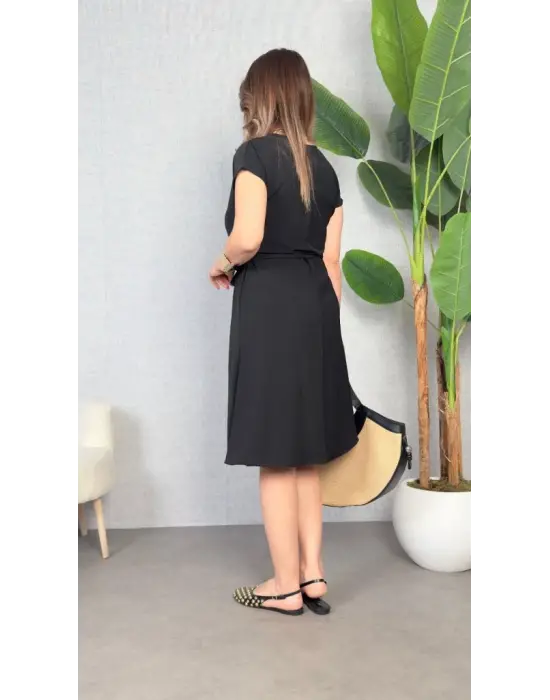 Kadın Kısa Kollu V Yakalı Beli Kuşaklı Ithal Keten Elbise