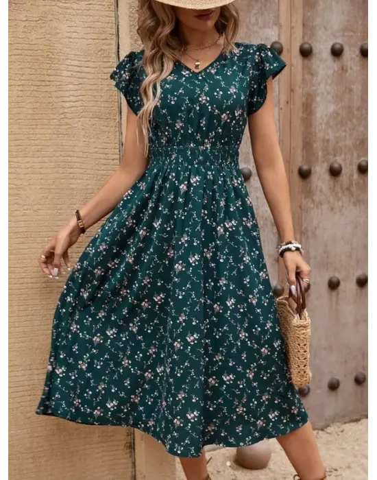 Kadın Kısa Kollu V Yakalı Beli Lastikli çiçek Desenli Süprem Elbise