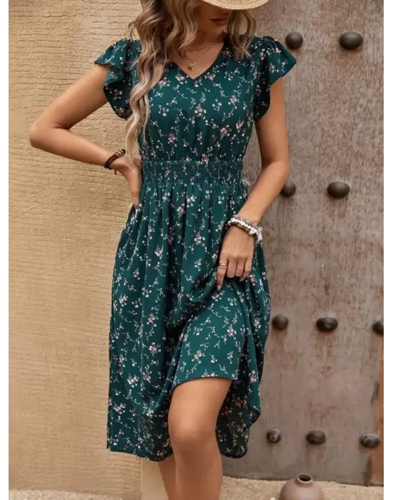 Kadın Kısa Kollu V Yakalı Beli Lastikli çiçek Desenli Süprem Elbise