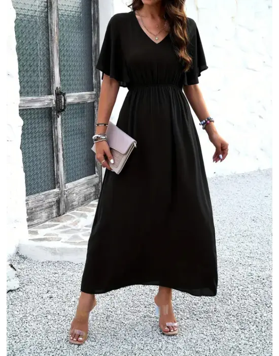 Kadın Kısa Kollu V Yakalı Beli Lastikli Uzun Viskon Elbise