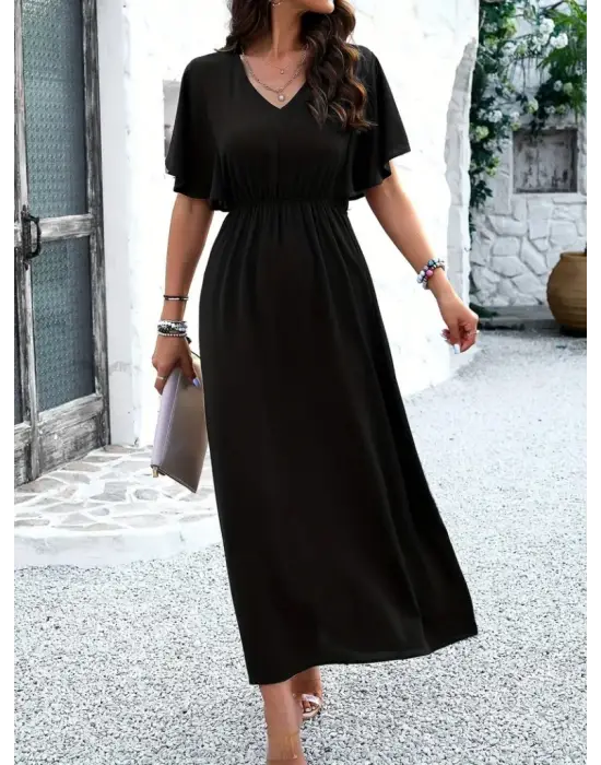 Kadın Kısa Kollu V Yakalı Beli Lastikli Uzun Viskon Elbise