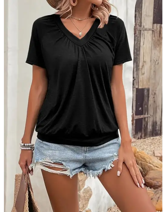 Kadın Kısa Kollu V Yakalı Büzgü Detaylı Viskon Bluz