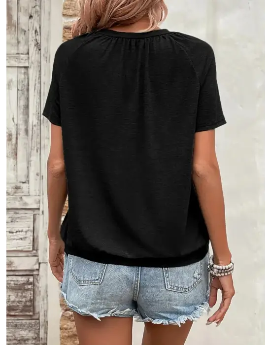 Kadın Kısa Kollu V Yakalı Büzgü Detaylı Viskon Bluz