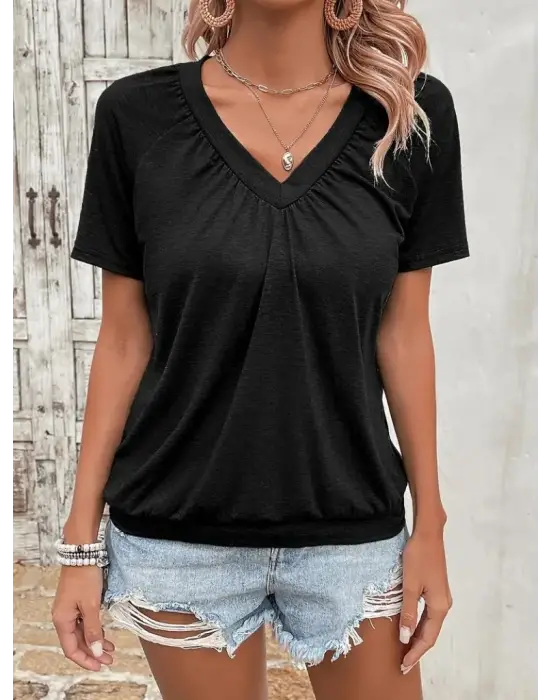 Kadın Kısa Kollu V Yakalı Büzgü Detaylı Viskon Bluz