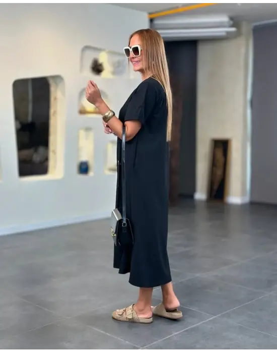 Kadın Kısa Kollu V Yakalı Cep Detaylı Uzun Viskon Iki Iplik Elbise