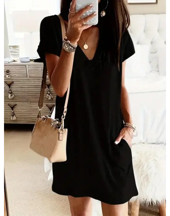 Kadın Kısa Kollu V Yakalı Cepli Kısa Viskon Elbise