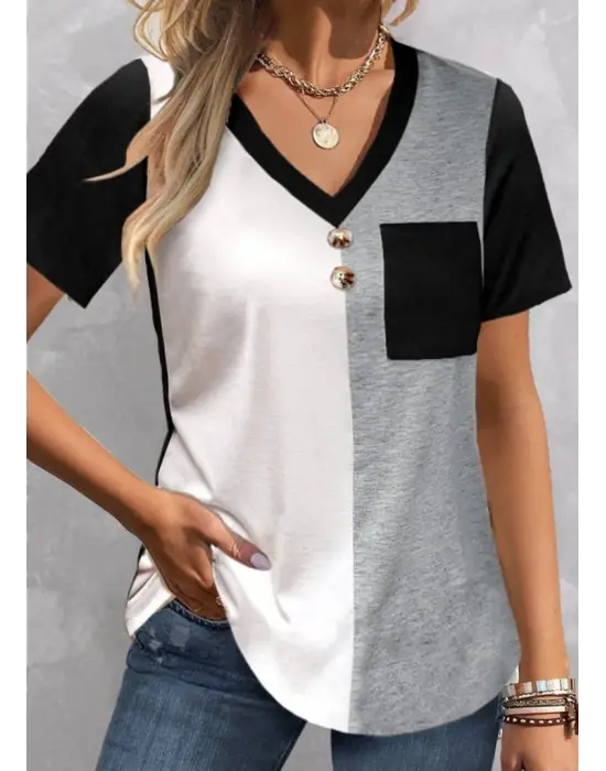 Kadın Kısa Kollu V Yakalı Cepli önden Düğmeli çift Renkli Viskon Bluz