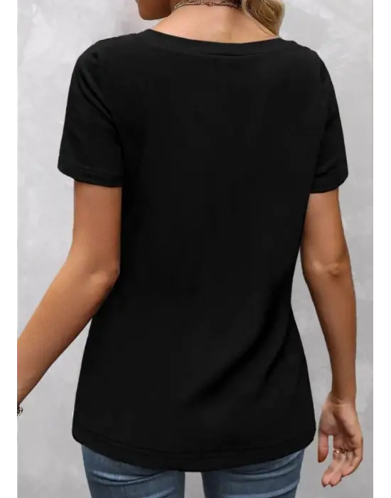 Kadın Kısa Kollu V Yakalı Cepli önden Düğmeli çift Renkli Viskon Bluz