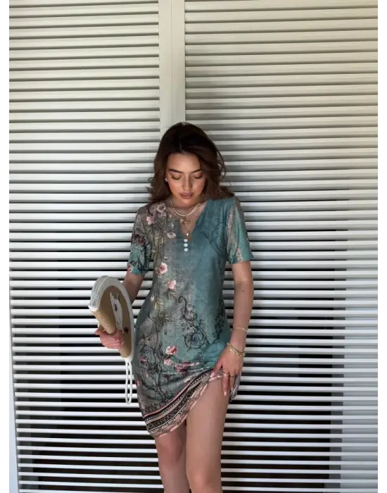 Kadın Kısa Kollu V Yakalı çiçek Baskılı Midi Süprem Elbise