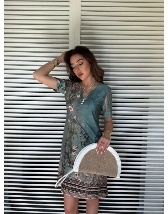 Kadın Kısa Kollu V Yakalı çiçek Baskılı Midi Süprem Elbise