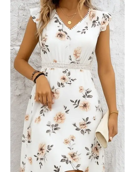 Kadın Kısa Kollu V Yakalı çiçek Desenli önü Kısa Arkası Uzun Pegasus Elbise