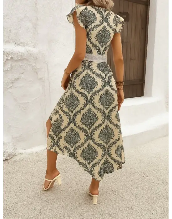 Omarı Çiçek Desenli V Yakalı Pegasus Elbise