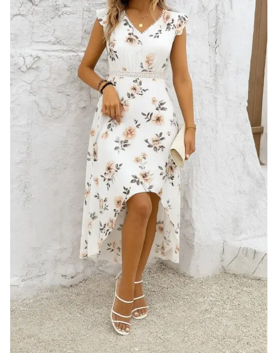 Kadın Kısa Kollu V Yakalı çiçek Desenli önü Kısa Arkası Uzun Pegasus Elbise
