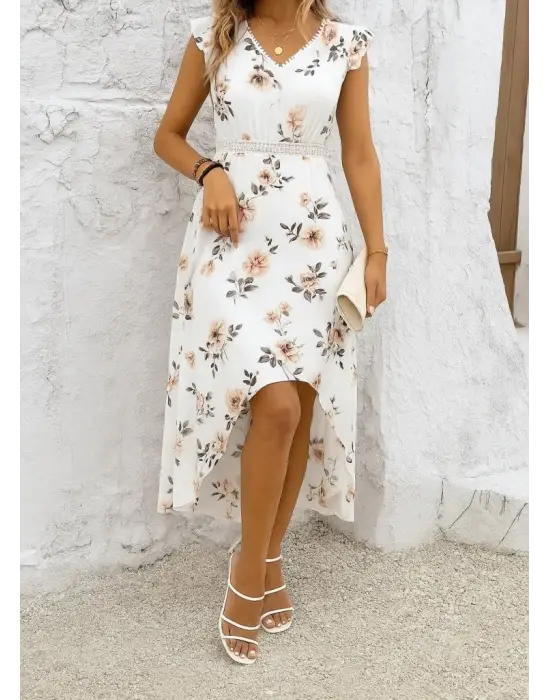 Omarı Desenli Kadın Uzun - Kısa V Yaka Elbise