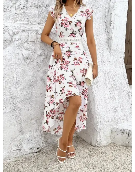 Kadın Kısa Kollu V Yakalı çiçek Desenli önü Kısa Arkası Uzun Süprem Elbise