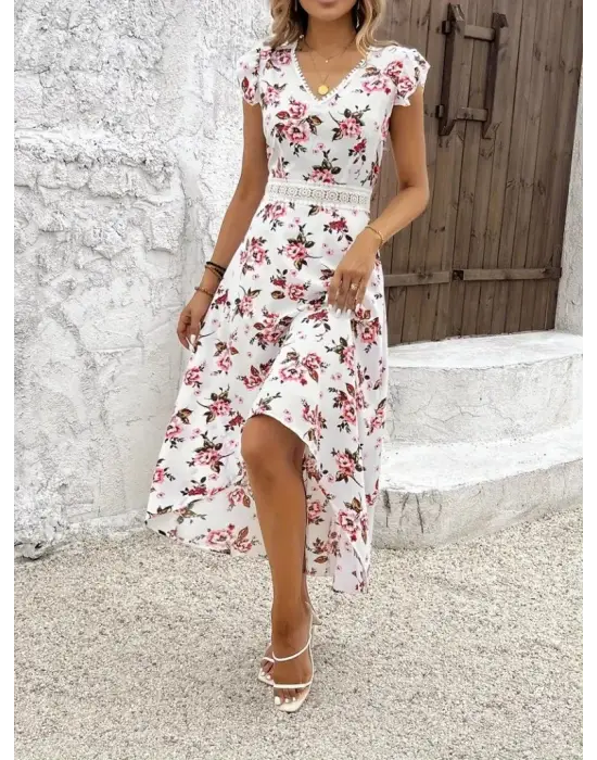 Kadın Kısa Kollu V Yakalı çiçek Desenli önü Kısa Arkası Uzun Süprem Elbise