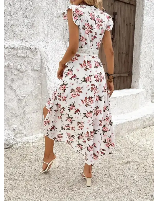 Kadın Kısa Kollu V Yakalı çiçek Desenli önü Kısa Arkası Uzun Süprem Elbise