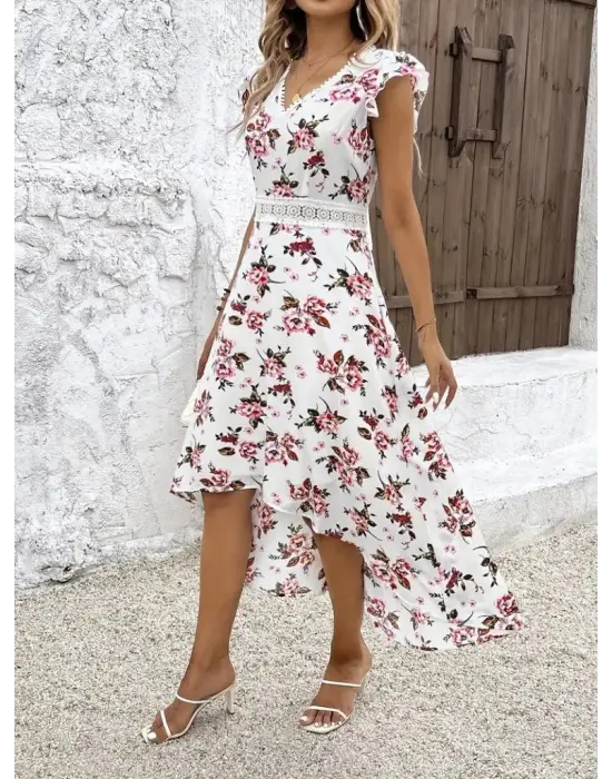 Kadın Kısa Kollu V Yakalı çiçek Desenli önü Kısa Arkası Uzun Süprem Elbise