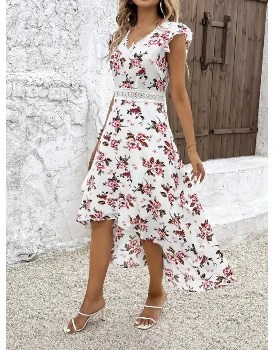Kadın Kısa Kollu V Yakalı çiçek Desenli önü Kısa Arkası Uzun Süprem Elbise