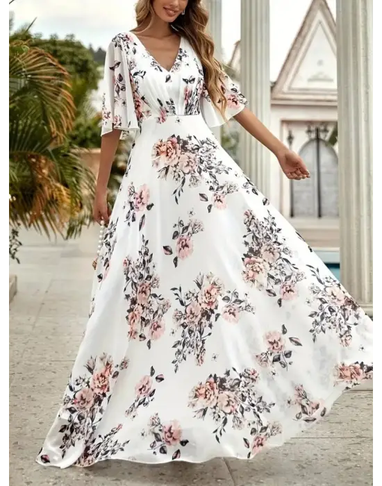 Kadın Kısa Kollu V Yakalı çiçek Desenli Süprem Elbise