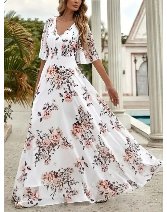 Omarı Çiçek Desenli V Yakalı Kadın Elbisesi