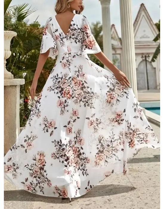 Kadın Kısa Kollu V Yakalı çiçek Desenli Süprem Elbise