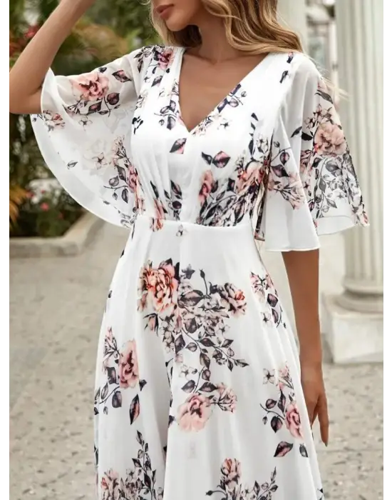 Kadın Kısa Kollu V Yakalı çiçek Desenli Süprem Elbise