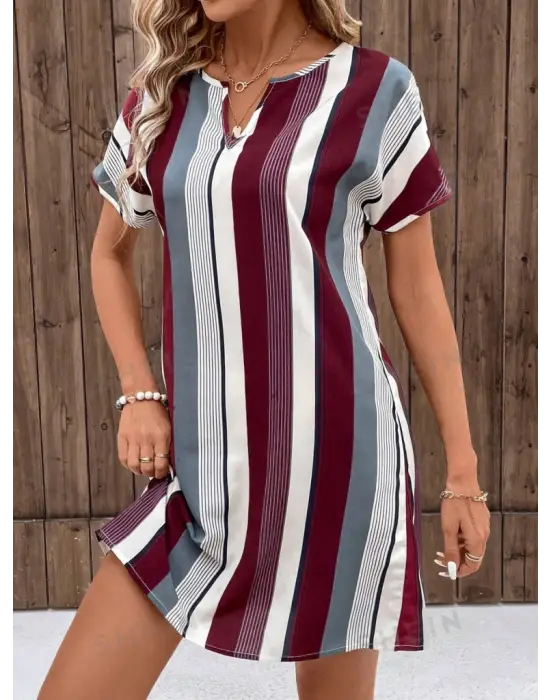 Omarı Elegan Çizgi Desenli V Yakalı Elbise