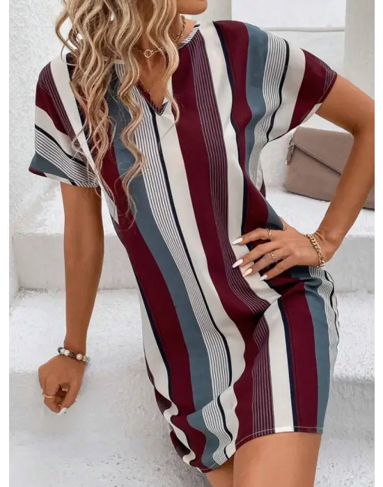 Omarı Elegan Çizgi Desenli V Yakalı Elbise