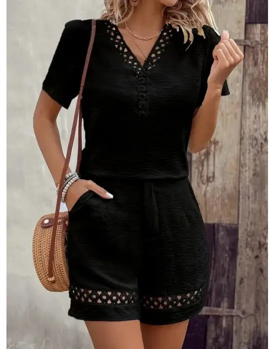 Kadın Kısa Kollu V Yakalı Dantel Detaylı Bürümcük Bluz Ve Short Ikili Takım
