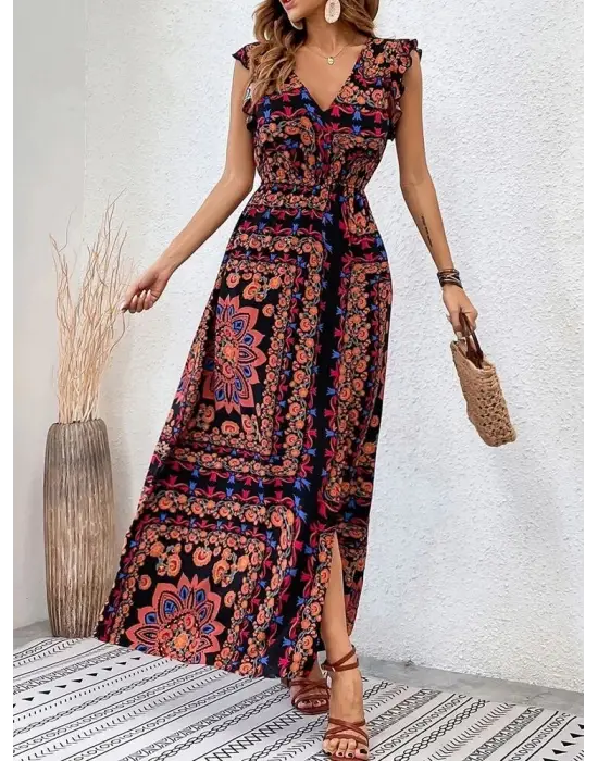 Omarı Yırtmaç Detaylı V Yakalı Süprem Elbise