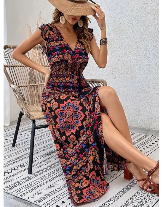 Omarı Yırtmaç Detaylı V Yakalı Süprem Elbise