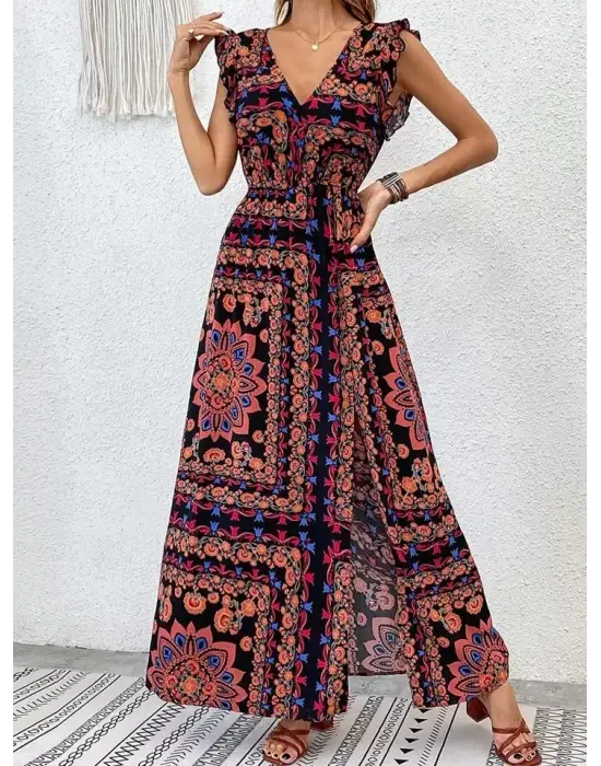 Kadın Kısa Kollu V Yakalı Deseni Yırtmaçlı Süprem Elbise